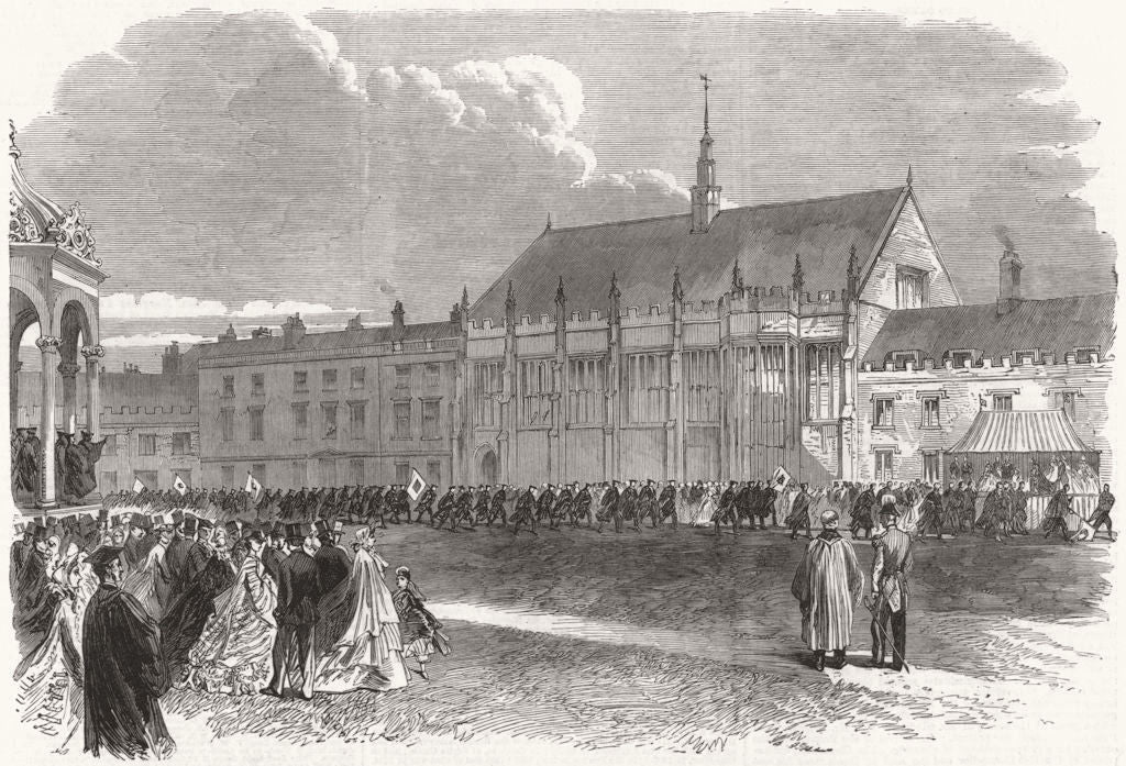 CAMBRIDGE. Royal. College boat clubs marching past Prince Princess Wales 1864